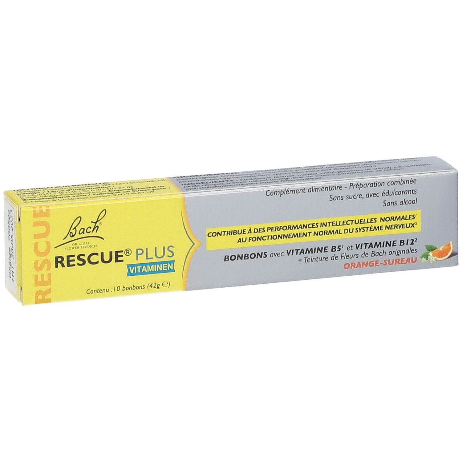 Bach® RESCUE® Plus Bonbons. Gelbe und graue Verpackung. Enthält 10 Bonbons. Mit Vitaminen und Bachblüten. Orange-Holunder.