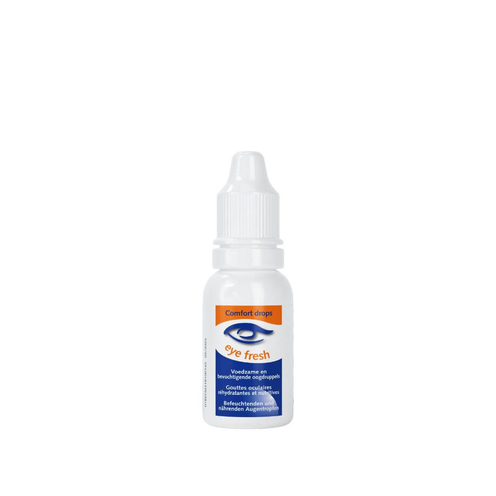Weiße Flasche mit Augentropfen. Orangefarbenes Etikett mit blauem Auge und Text. 15 ml.