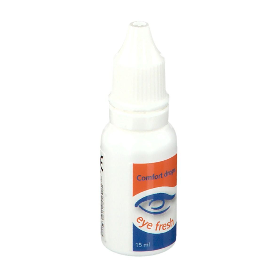 Flacon blanc de gouttes oculaires. Étiquette orange avec œil bleu et texte 'eye fresh'. 15 ml.