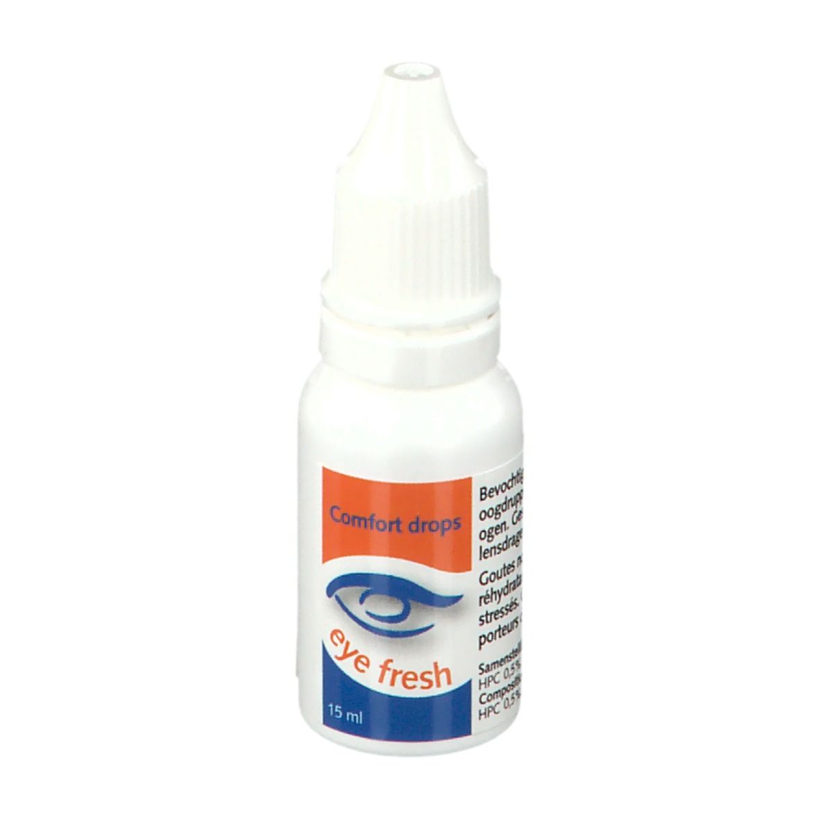 Flacon blanc de gouttes oculaires. Étiquette orange avec œil bleu et texte 'eye fresh'. 15 ml.
