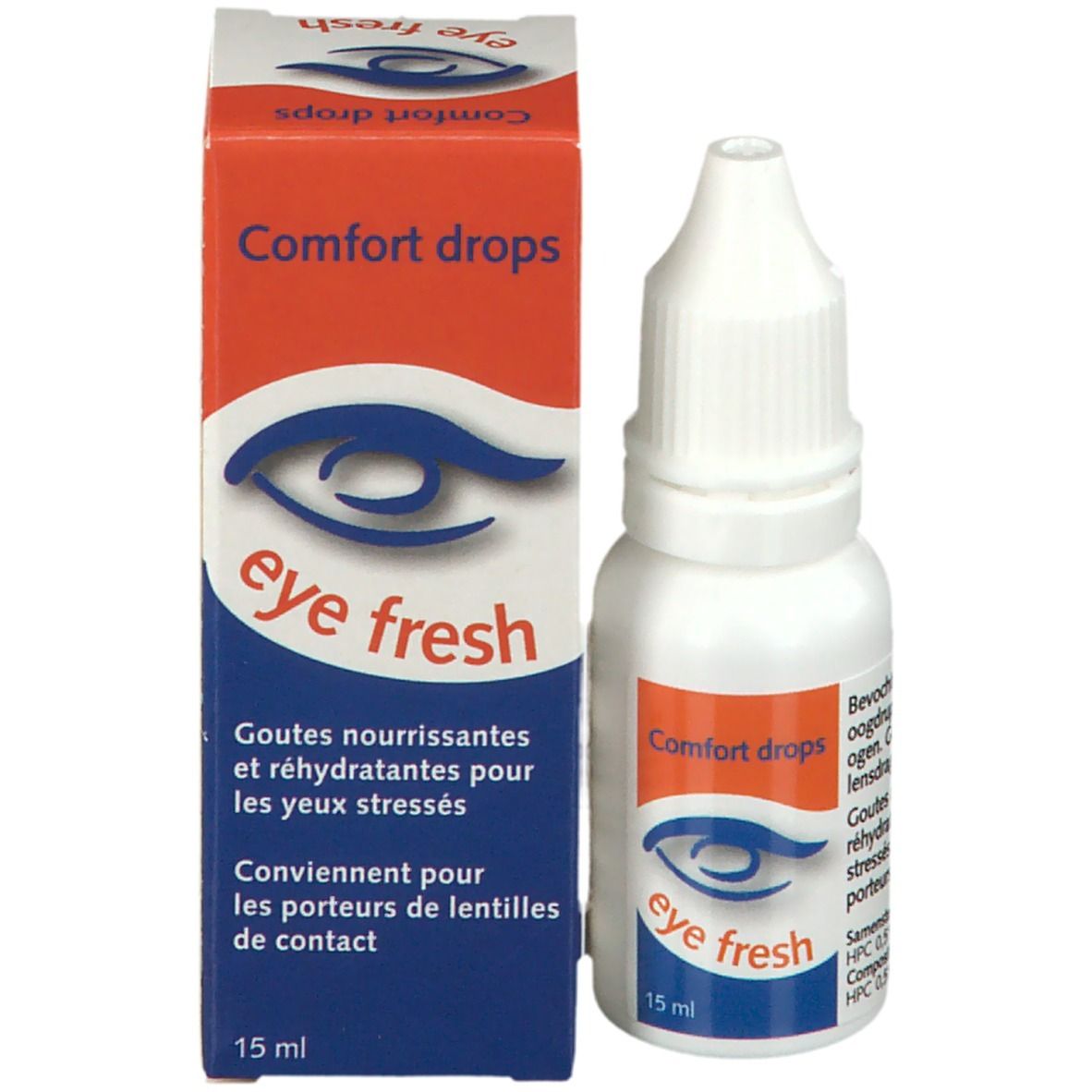Flacon et boîte de gouttes oculaires. Boîte avec texte 'Comfort drops' et 'eye fresh'. 15 ml.