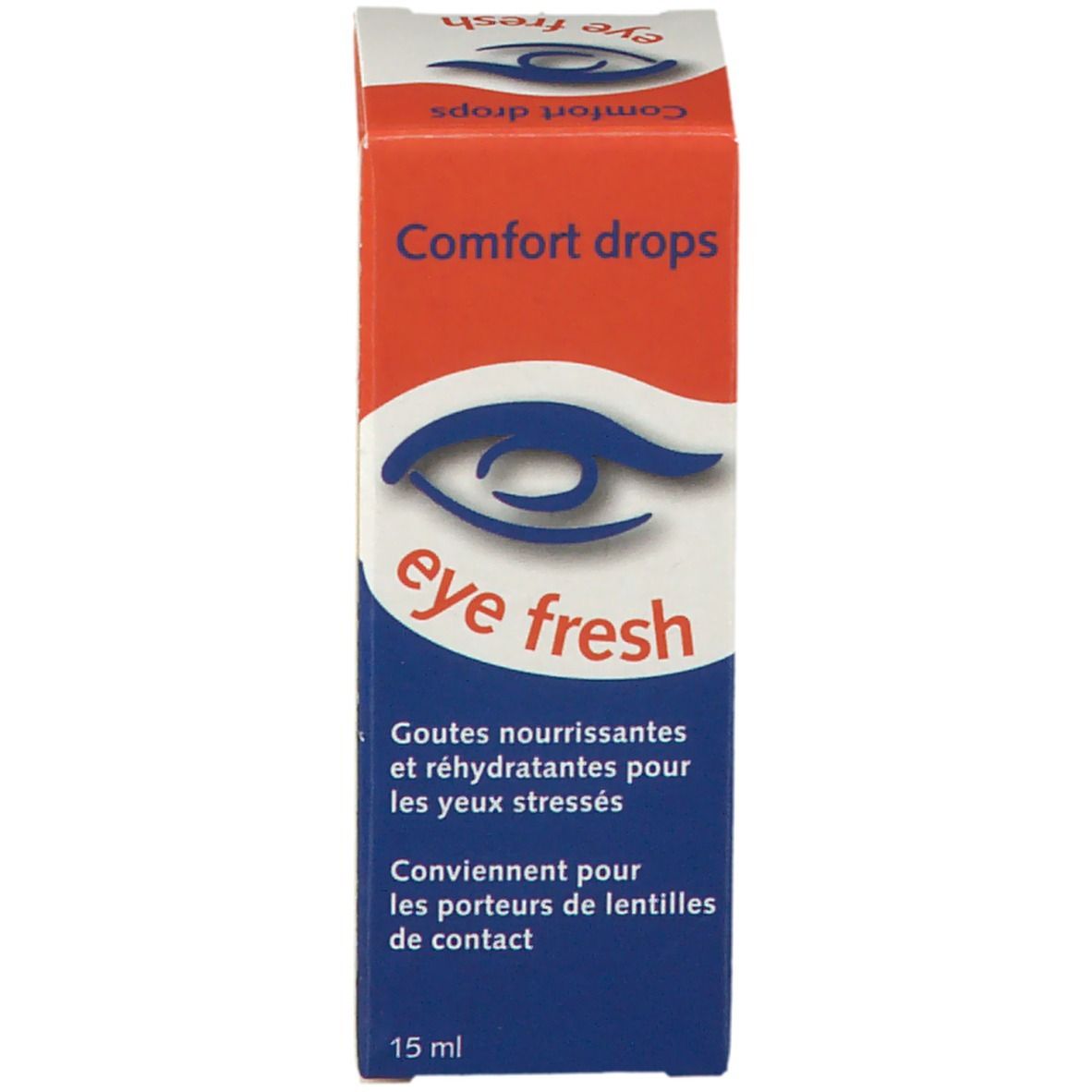 Boîte avec texte 'Comfort drops' et 'eye fresh'. Contient des informations sur le produit.