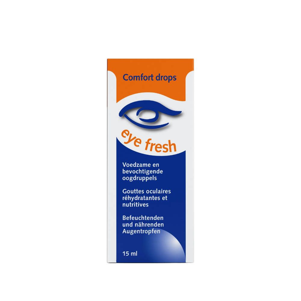 Schachtel mit Augentropfen. Orange-weißes Design mit blauem Auge und Text. 15 ml.