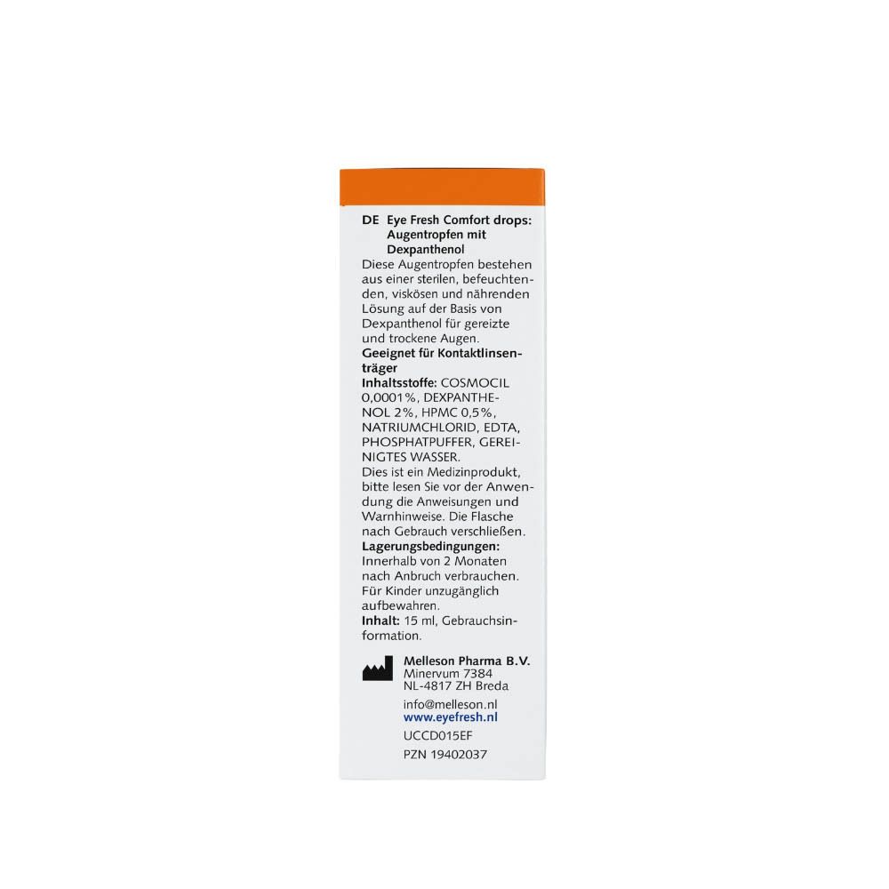 Rückseite der Augentropfen-Flasche. Text in mehreren Sprachen, CE-Zeichen und Chargennummer.