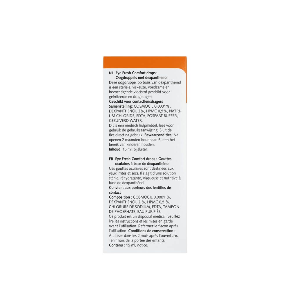 Weiße Flasche mit Augentropfen. Orangefarbenes Etikett mit blauem Auge und Text. 15 ml.