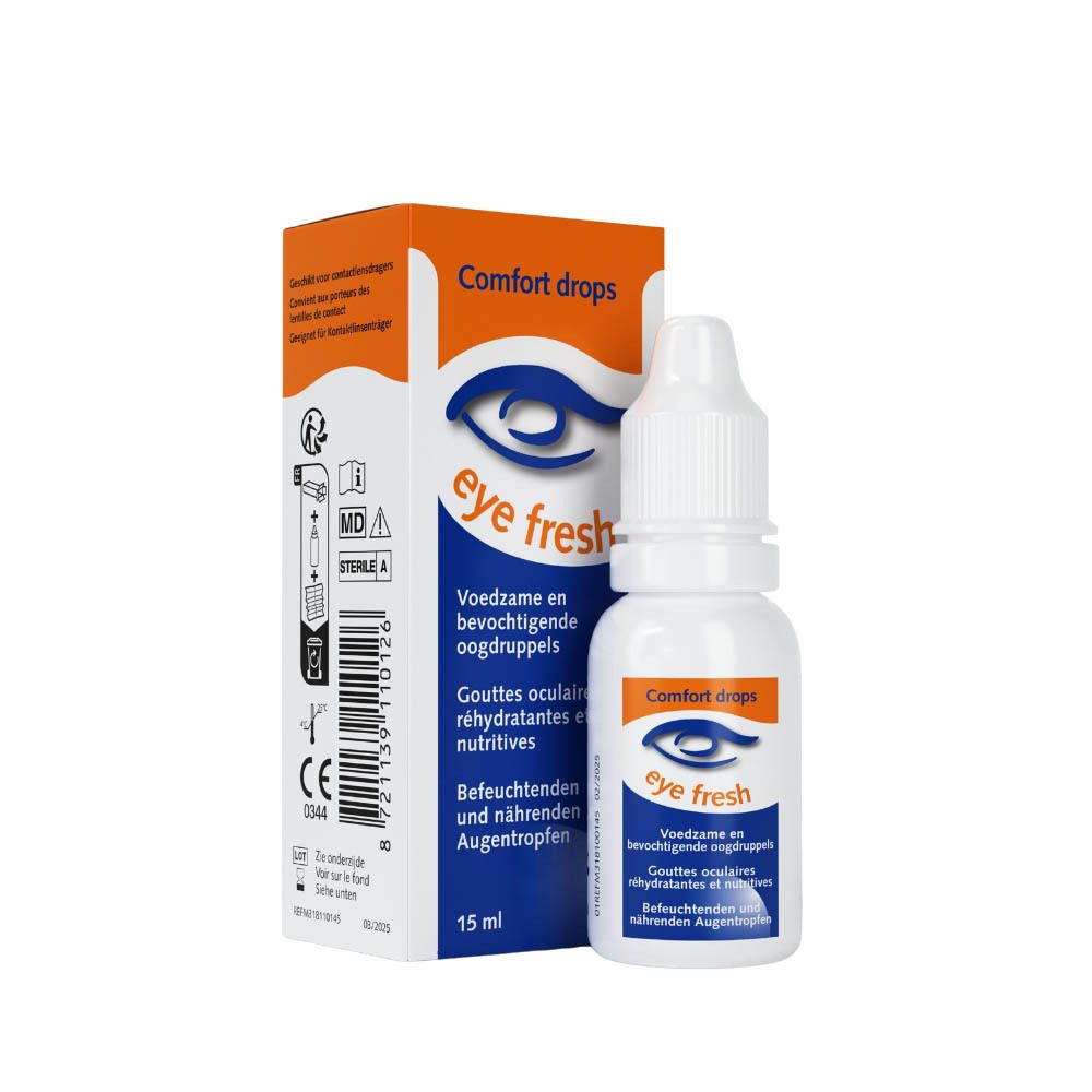 Weiße Flasche mit Augentropfen. Orangefarbenes Etikett mit blauem Auge und Text. 15 ml.