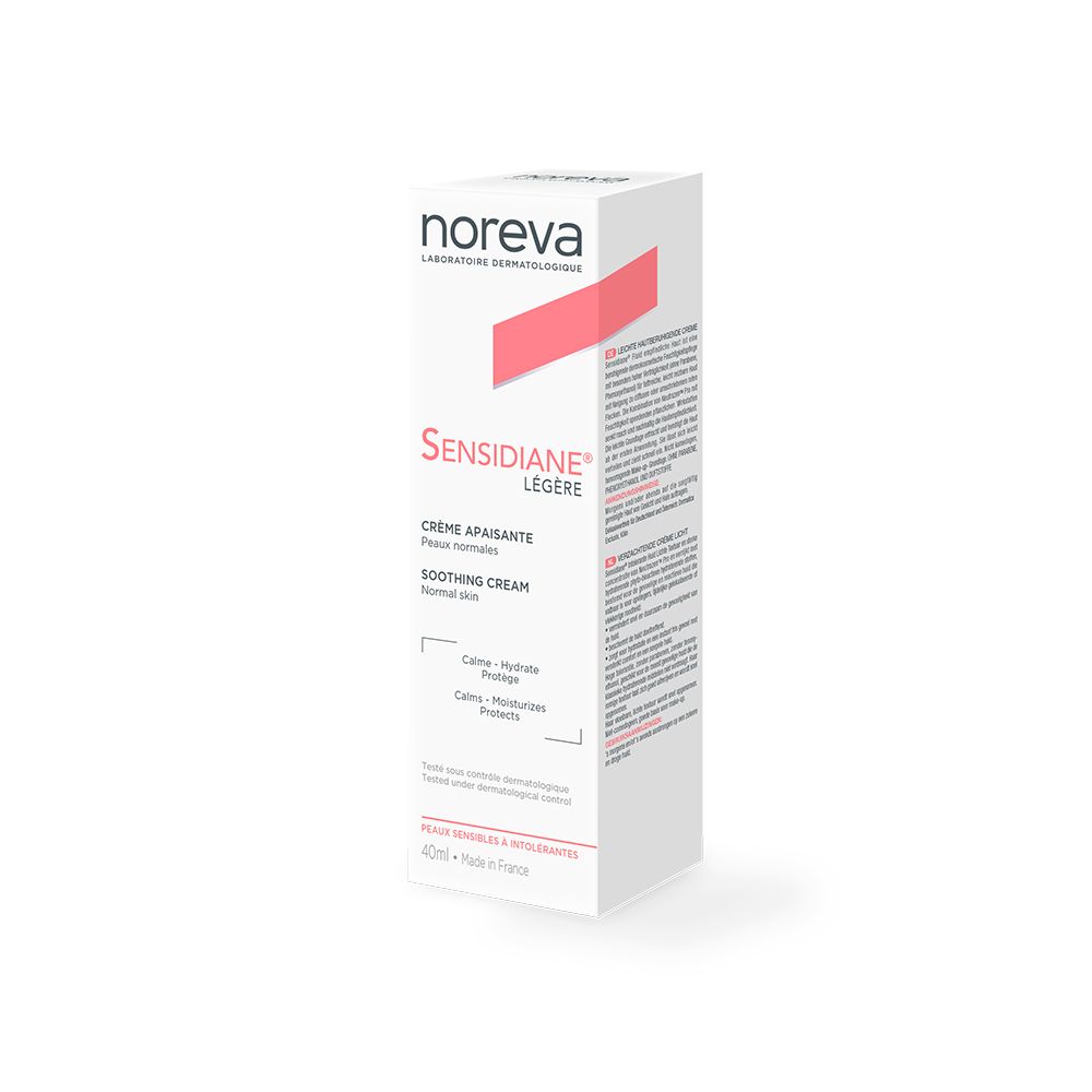 Weiße Produktverpackung. Marke Noreva, Produktname Sensidiane Légère. Text: Crème Apaisante, Soothing Cream. 40ml.