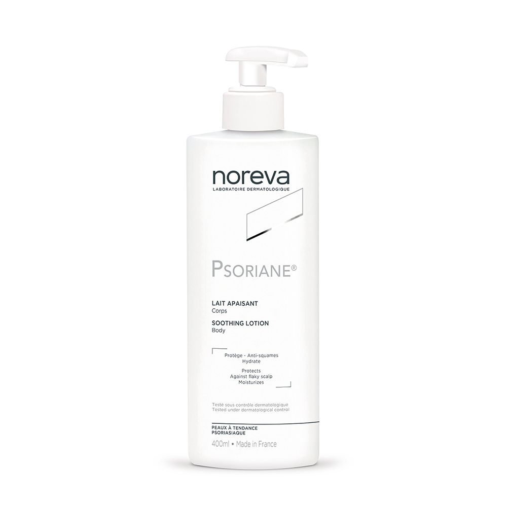 Weiße Flasche mit Pumpe. Aufschrift: noreva, PSORIANE, Lait Apaisant Corps, Soothing Lotion Body. Enthält Arganöl.