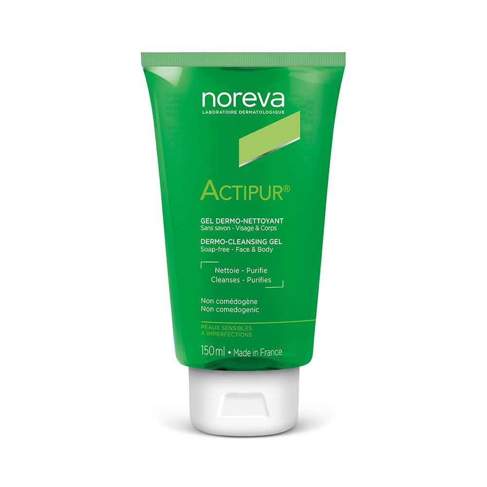 Grüne Tube mit weißem Verschluss. Aufschrift: Actipur, Gel Dermo-Nettoyant, 150ml. Marke: Noreva.