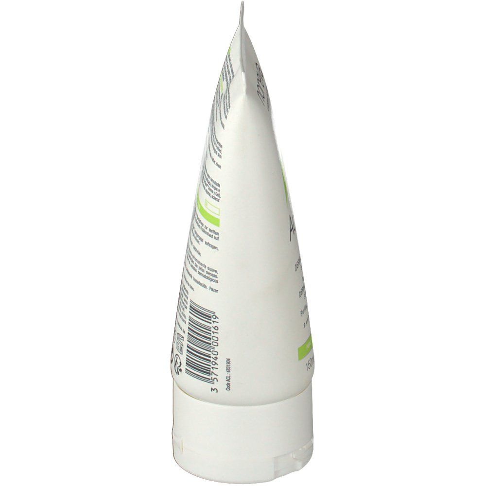 Weiße Tube, Seitenansicht. Text und grüne Akzente. Weißer Verschluss. 150ml.