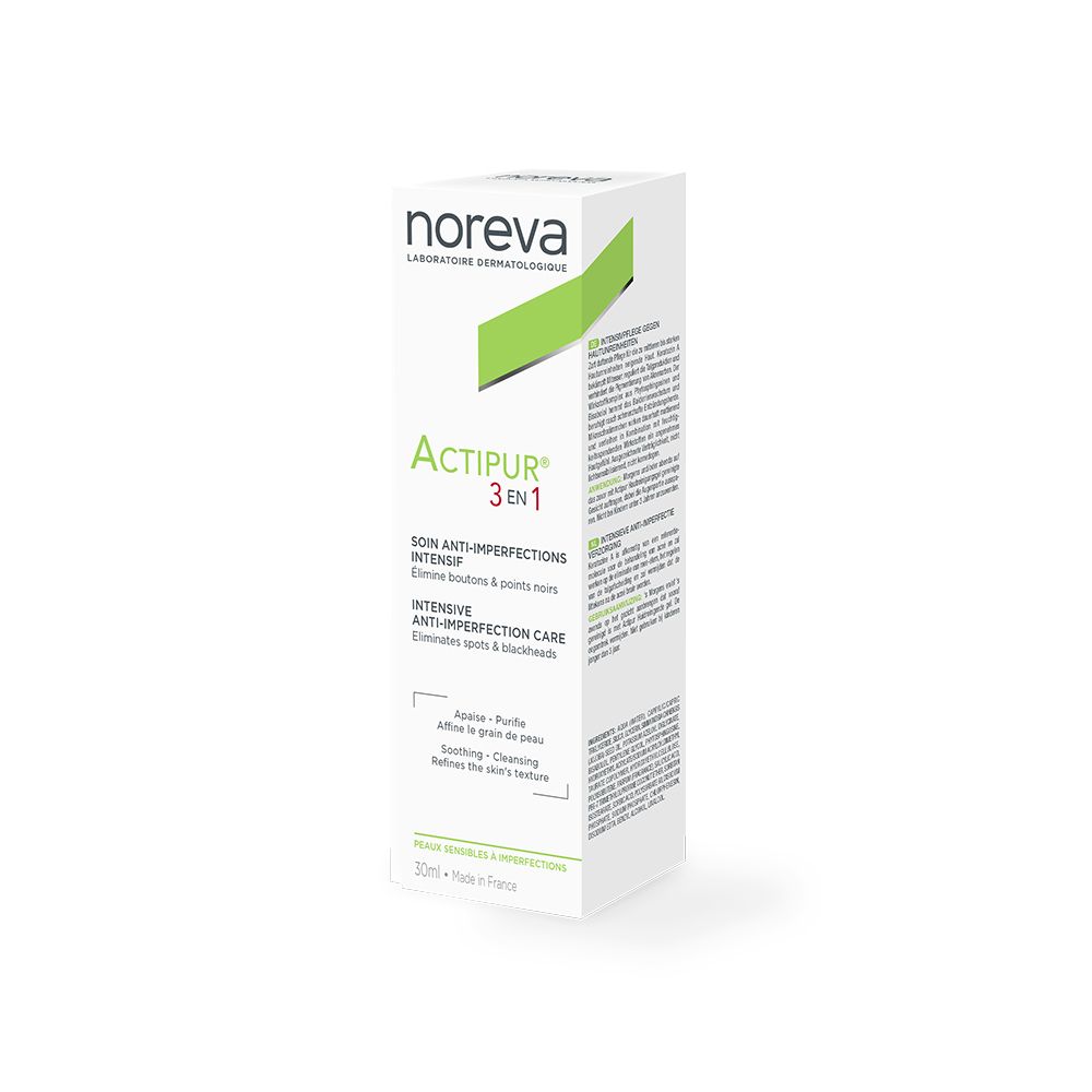 Weiße Schachtel mit grünem Akzent. Aufschrift: Actipur 3 in 1. Anti-Imperfektionen Pflege. Produkt für Hautunreinheiten.