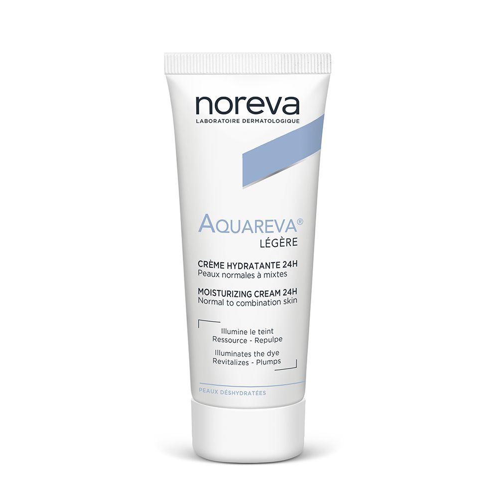 Witte tube met noreva-logo en productnaam AQUAREVA® Légère. Crème voor normale tot gemengde huid.