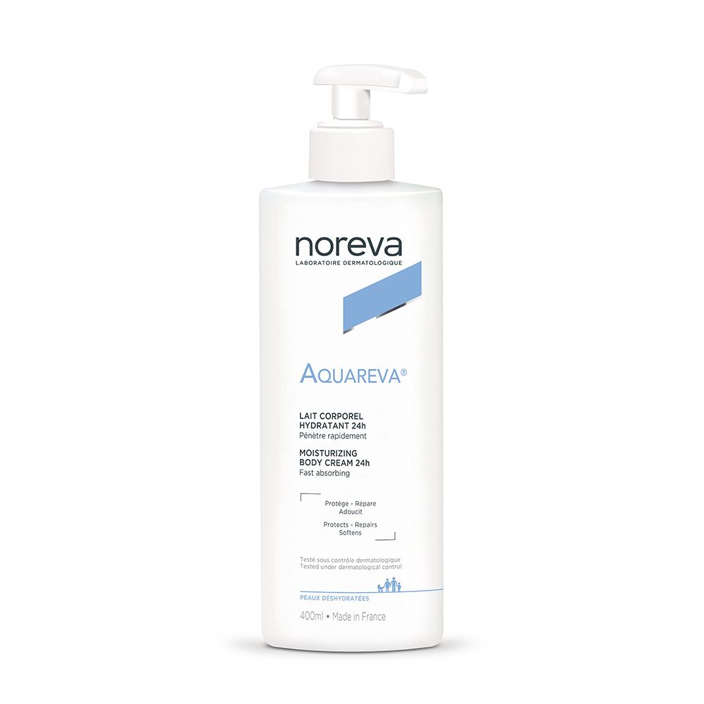 Witte fles met pomp. Opschriften: noreva, AQUAREVA, Lait corporel hydratant 24h, Moisturizing body cream 24h.