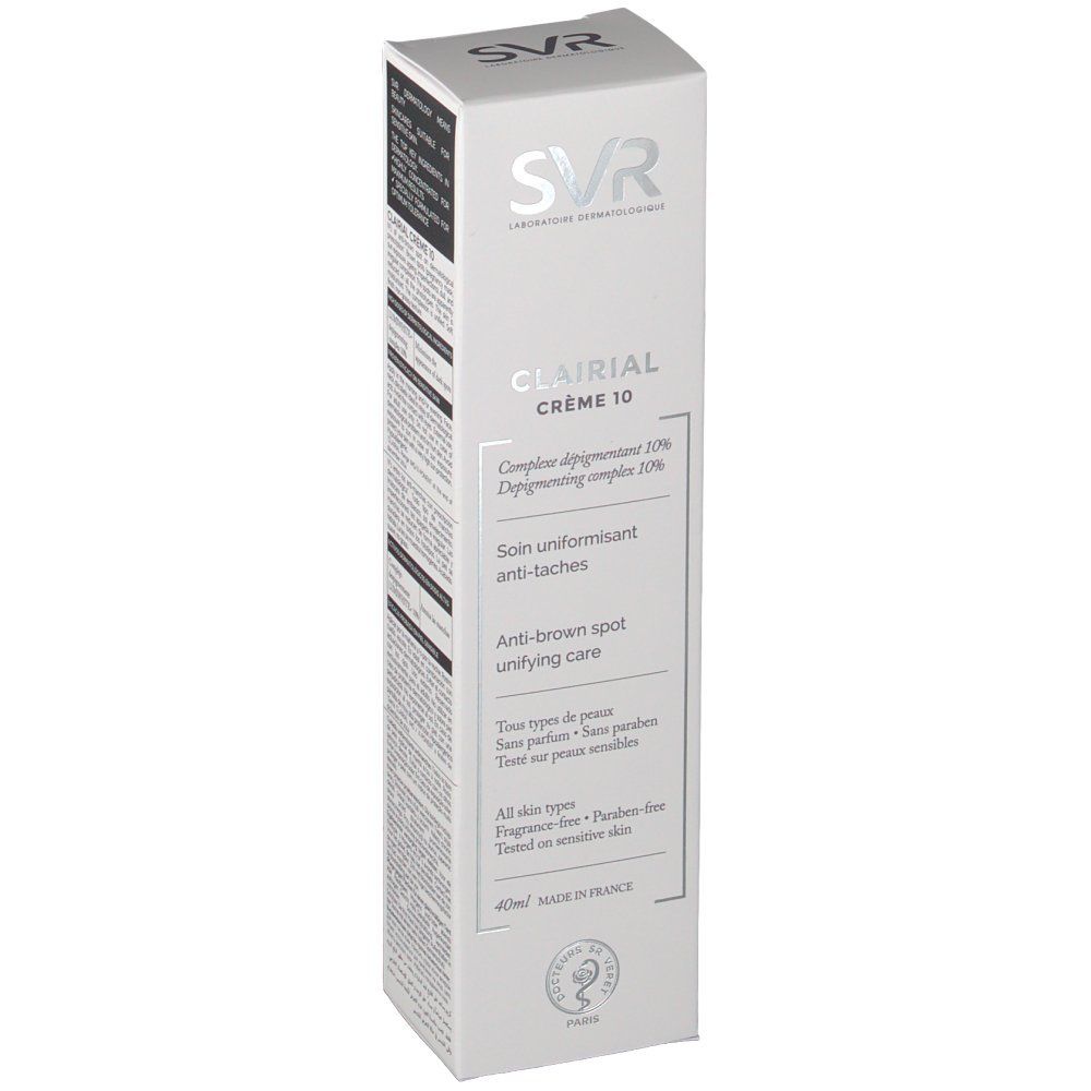 Boîte SVR Clairial Crème 10. Carton blanc avec nom du produit et informations. Logo SVR en haut.