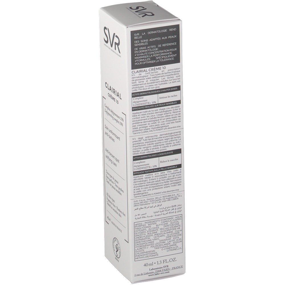 Dos de la boîte SVR Clairial Crème 10. Texte multilingue. Ingrédients et informations fabricant.
