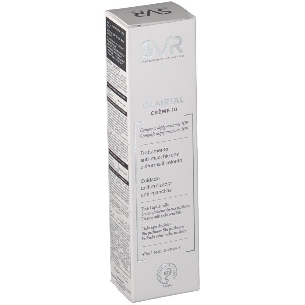 Boîte SVR Clairial Crème 10. Carton blanc avec nom du produit et informations en plusieurs langues.