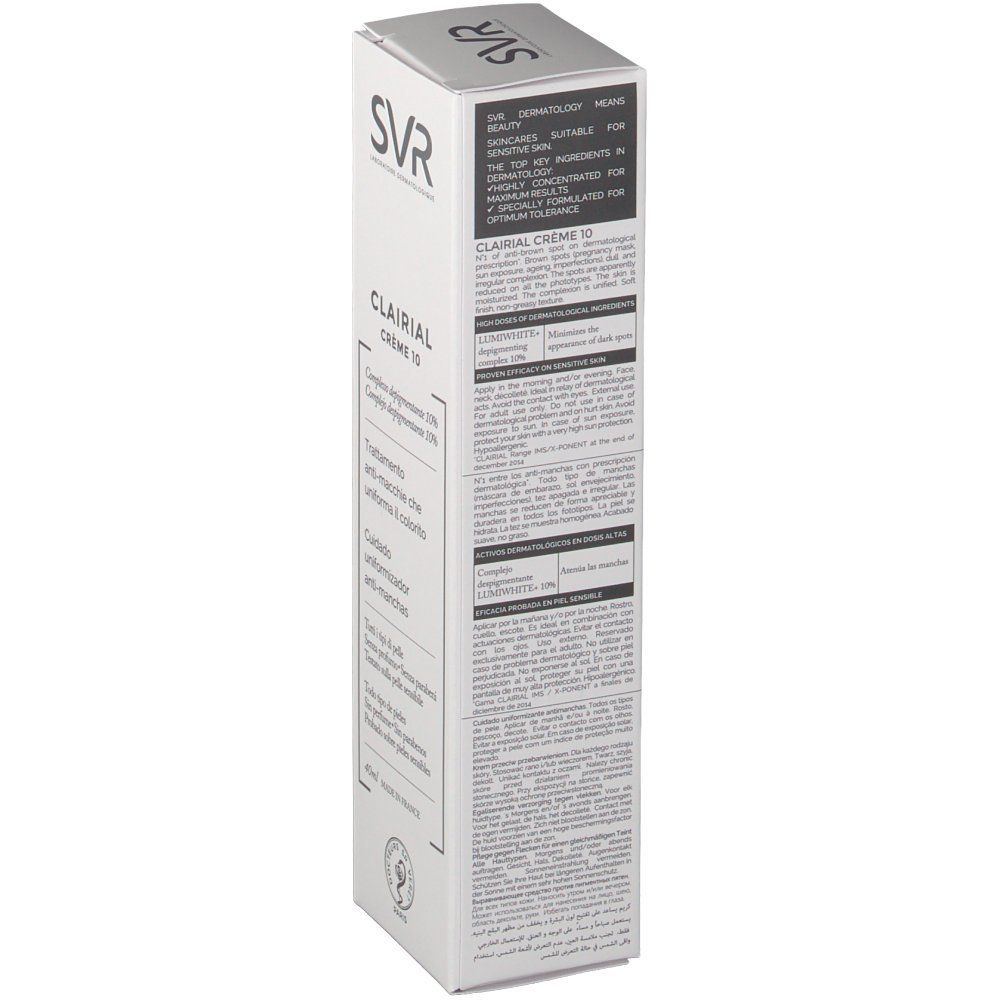 Dos de la boîte SVR Clairial Crème 10. Texte multilingue. Ingrédients et informations fabricant.