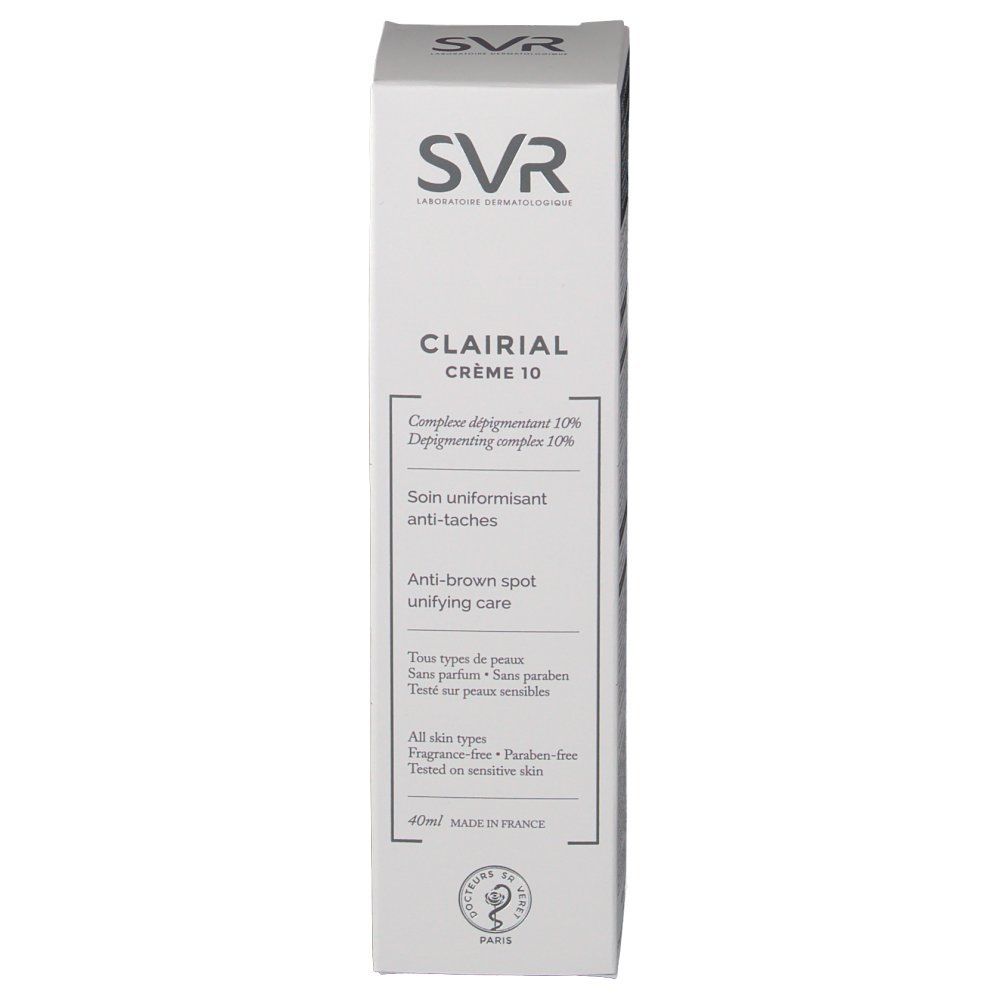 Boîte SVR Clairial Crème 10. Carton blanc avec nom du produit et informations. Logo SVR en haut.