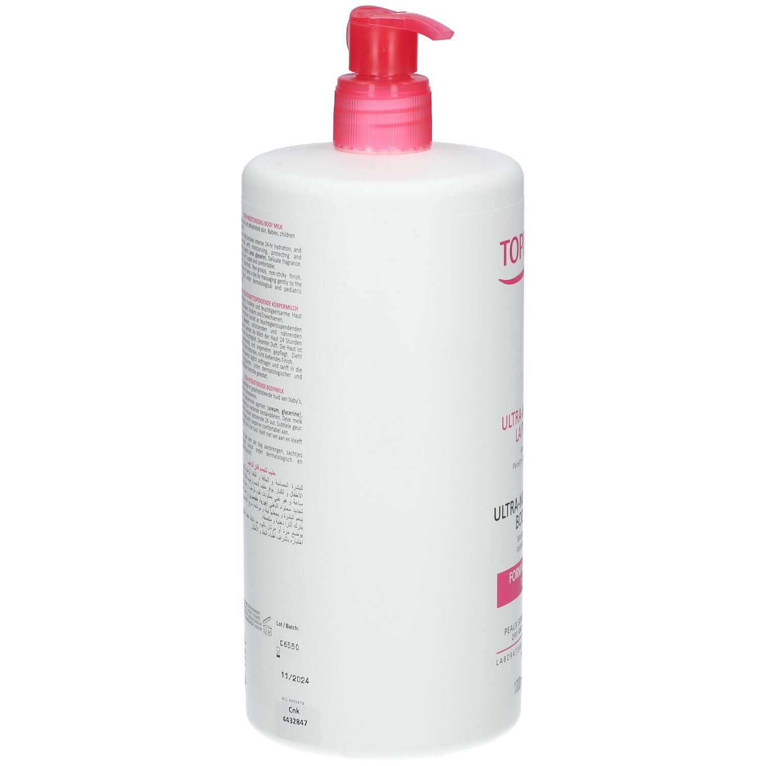 Flacon blanc avec pompe rose. Dos avec texte. Inscription TOPICREM. Étiquette avec informations et code-barres.