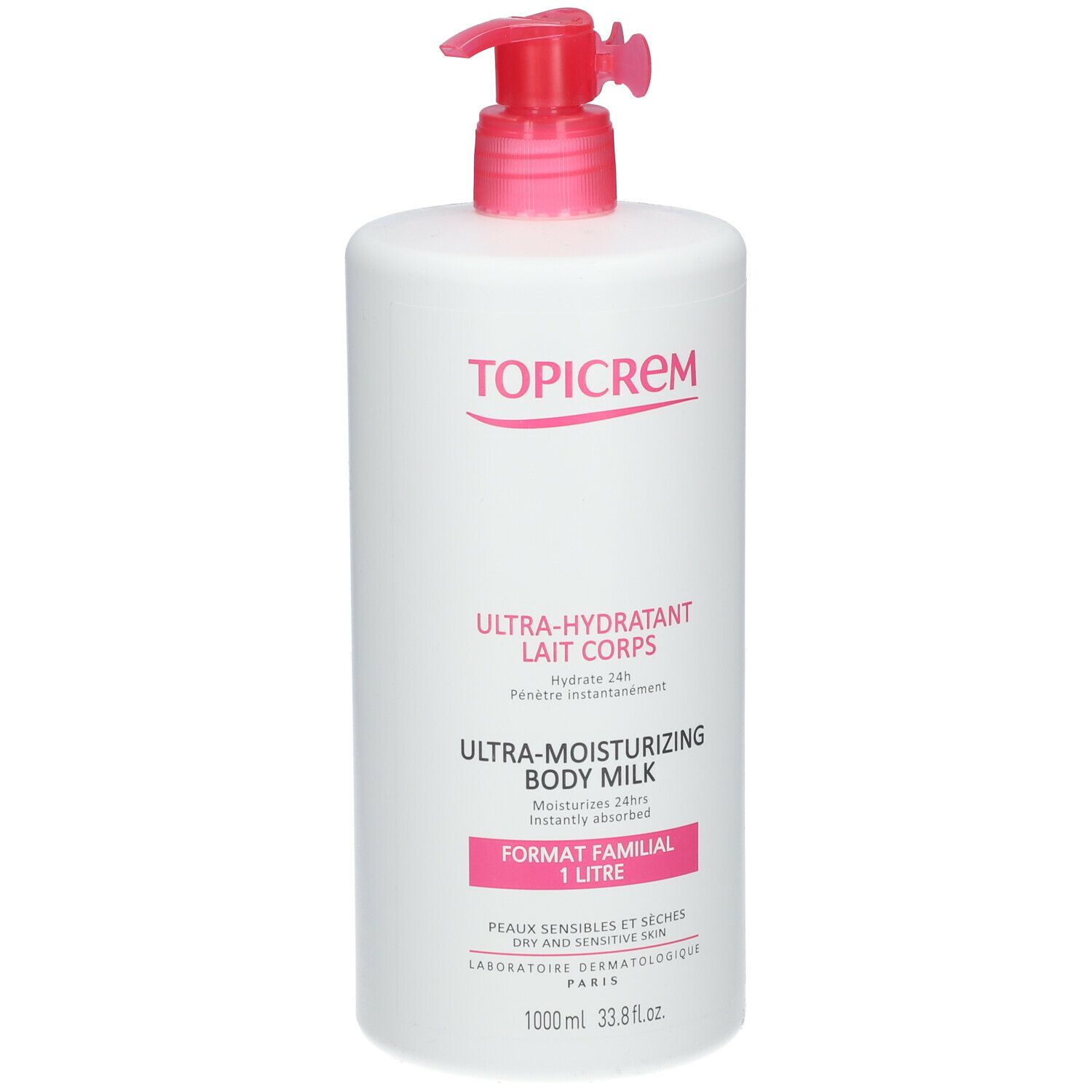 Flacon blanc avec pompe rose. Inscription TOPICREM, ULTRA-HYDRATANT LAIT CORPS, ULTRA-MOISTURIZING BODY MILK. Format Familial 1 Litre.
