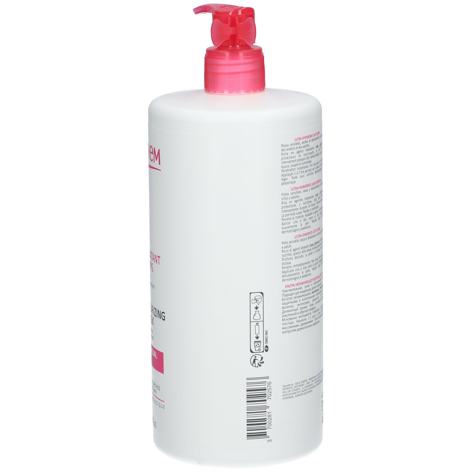 Flacon blanc avec pompe rose. Dos avec texte. Inscription TOPICREM. Étiquette avec informations et code-barres.