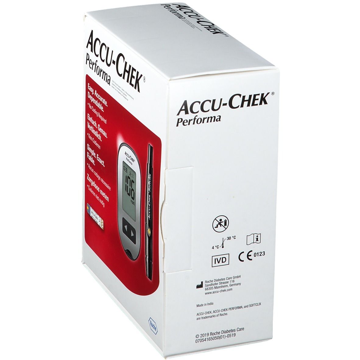 Boîte Accu-Chek Performa. Inscription : Accu-Chek, Performa. Avec symbole IVD et marquage CE.
