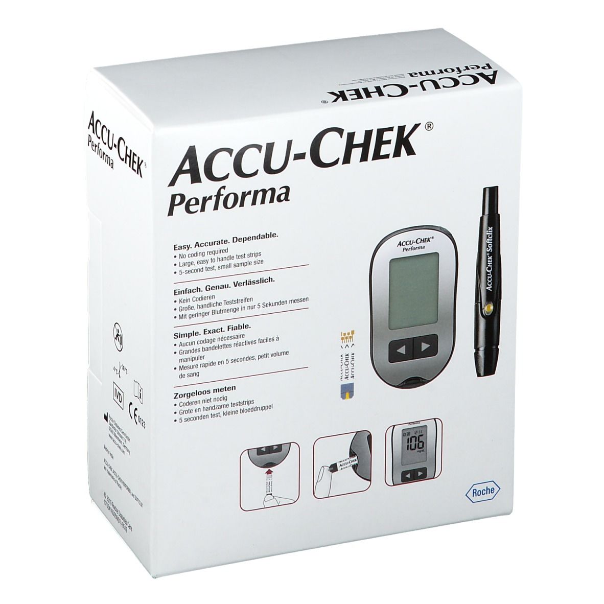 Boîte Accu-Chek Performa. Contient lecteur, bandelettes et autopiqueur. Illustrations d'utilisation.