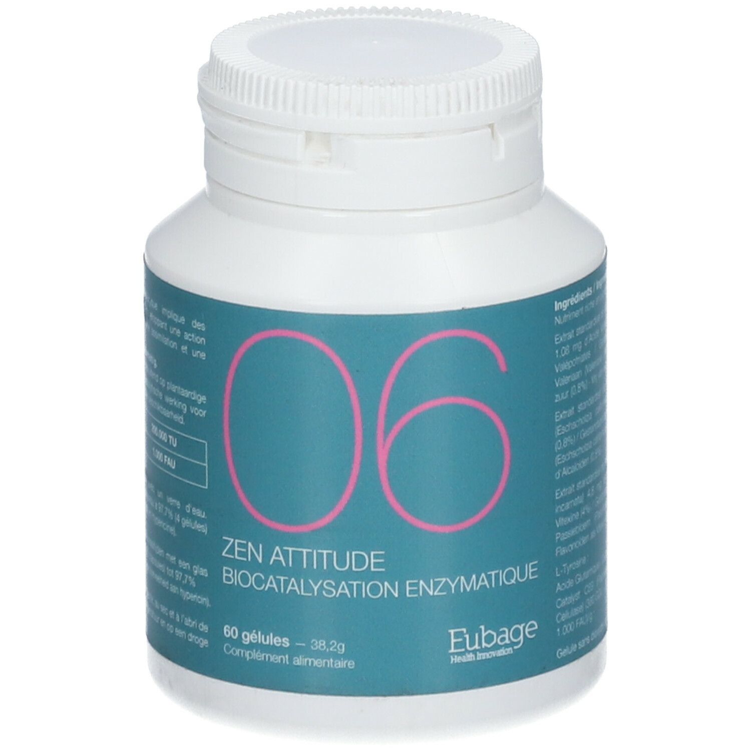Flacon blanc avec "06" rose et "ZEN ATTITUDE". 60 gélules, 38,2g. Eubage Health Innovation.