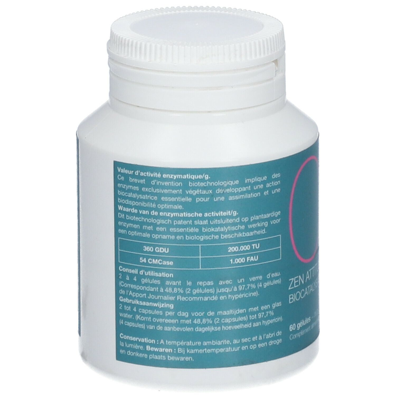 Dos du flacon blanc. Texte sur l'activité enzymatique et le dosage. 60 gélules. Eubage Health Innovation.