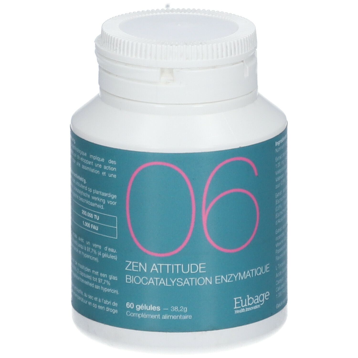 Flacon blanc avec "06" rose et "ZEN ATTITUDE". 60 gélules, 38,2g. Eubage Health Innovation.