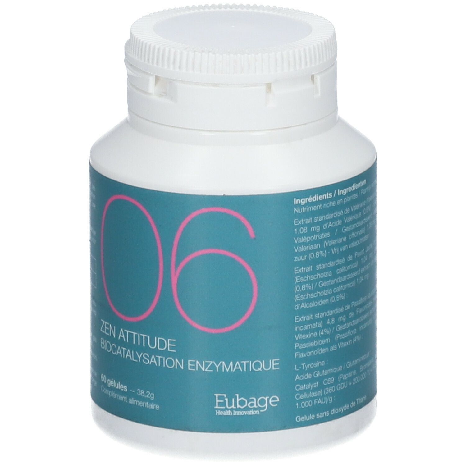 Flacon blanc avec "06" rose et "ZEN ATTITUDE". Liste des ingrédients. Eubage Health Innovation.