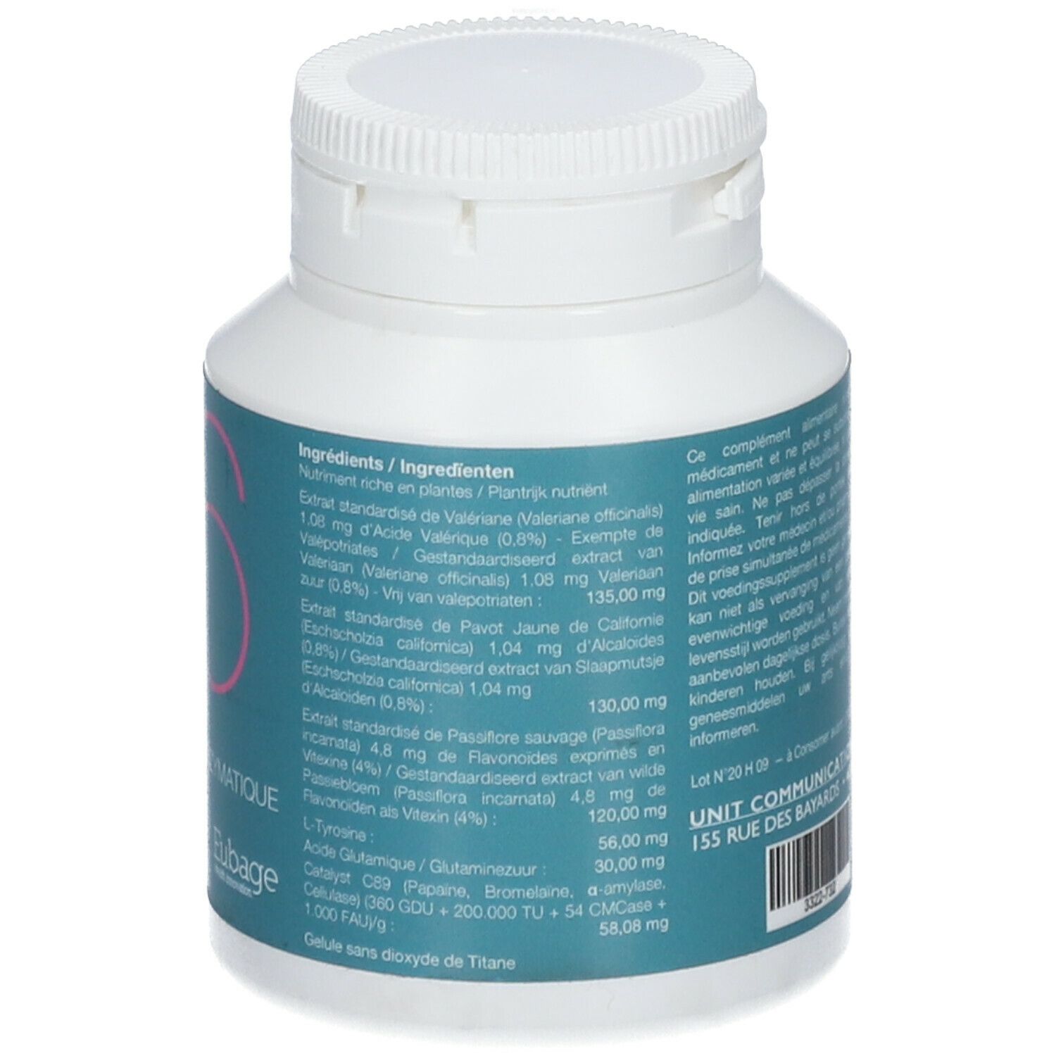 Flacon blanc avec "06" rose et "ZEN ATTITUDE". Liste des ingrédients et coordonnées. Eubage Health Innovation.