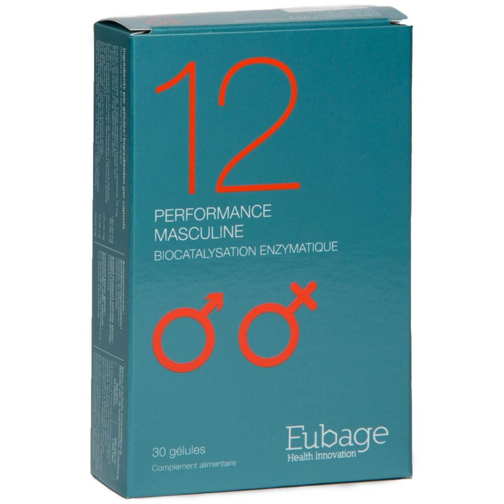 Doos "12 PERFORMANCE MASCULINE" met 30 capsules. Eubage logo. Turquoise kleur.