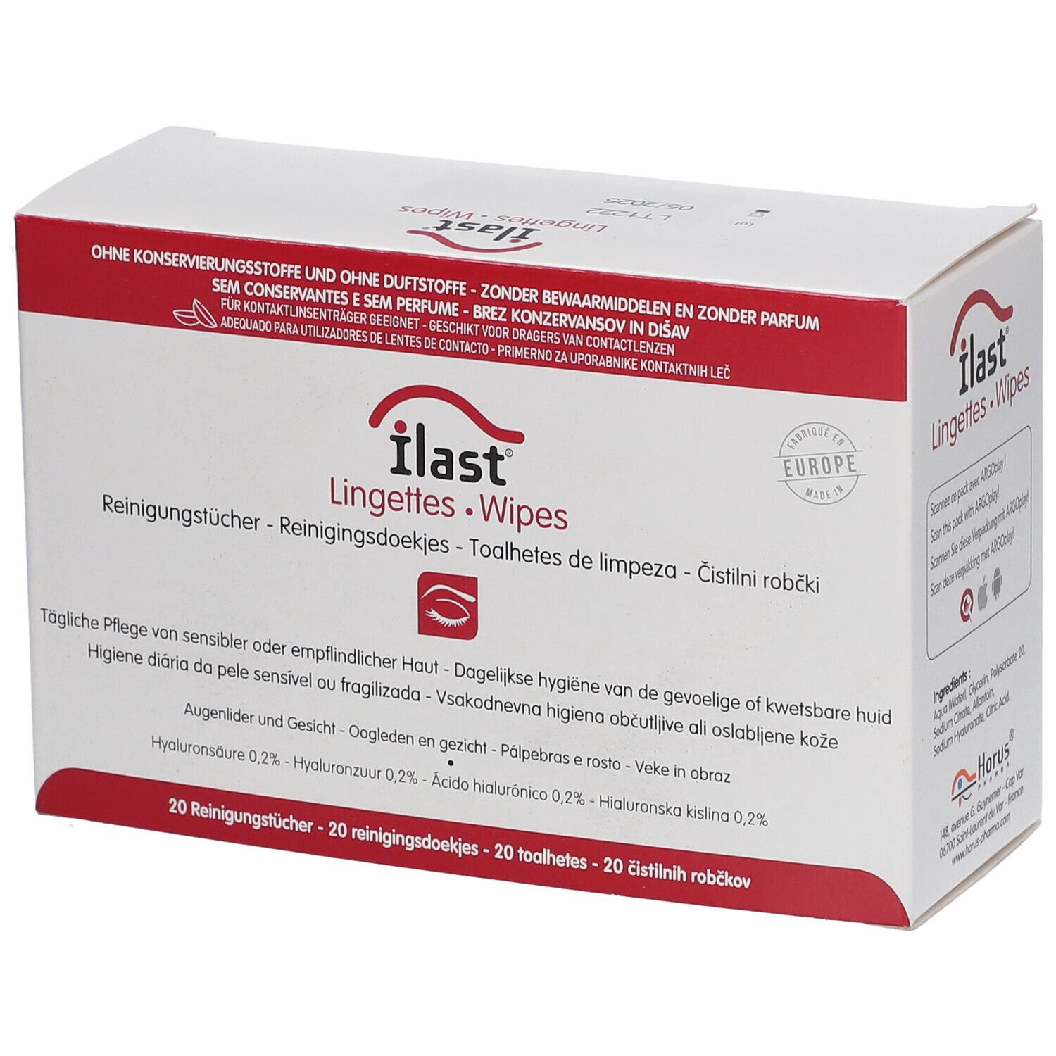 Witte doos met rode tekst. Bevat reinigingsdoekjes. Zonder conserveermiddelen en parfum. Geschikt voor contactlensdragers.