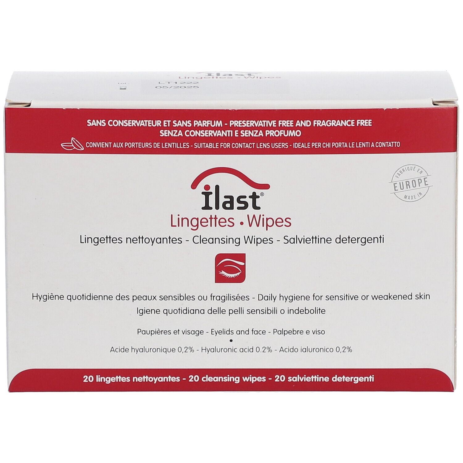 Witte doos met rode tekst. Bevat reinigingsdoekjes. Zonder conserveermiddelen en parfum. Geschikt voor contactlensdragers.