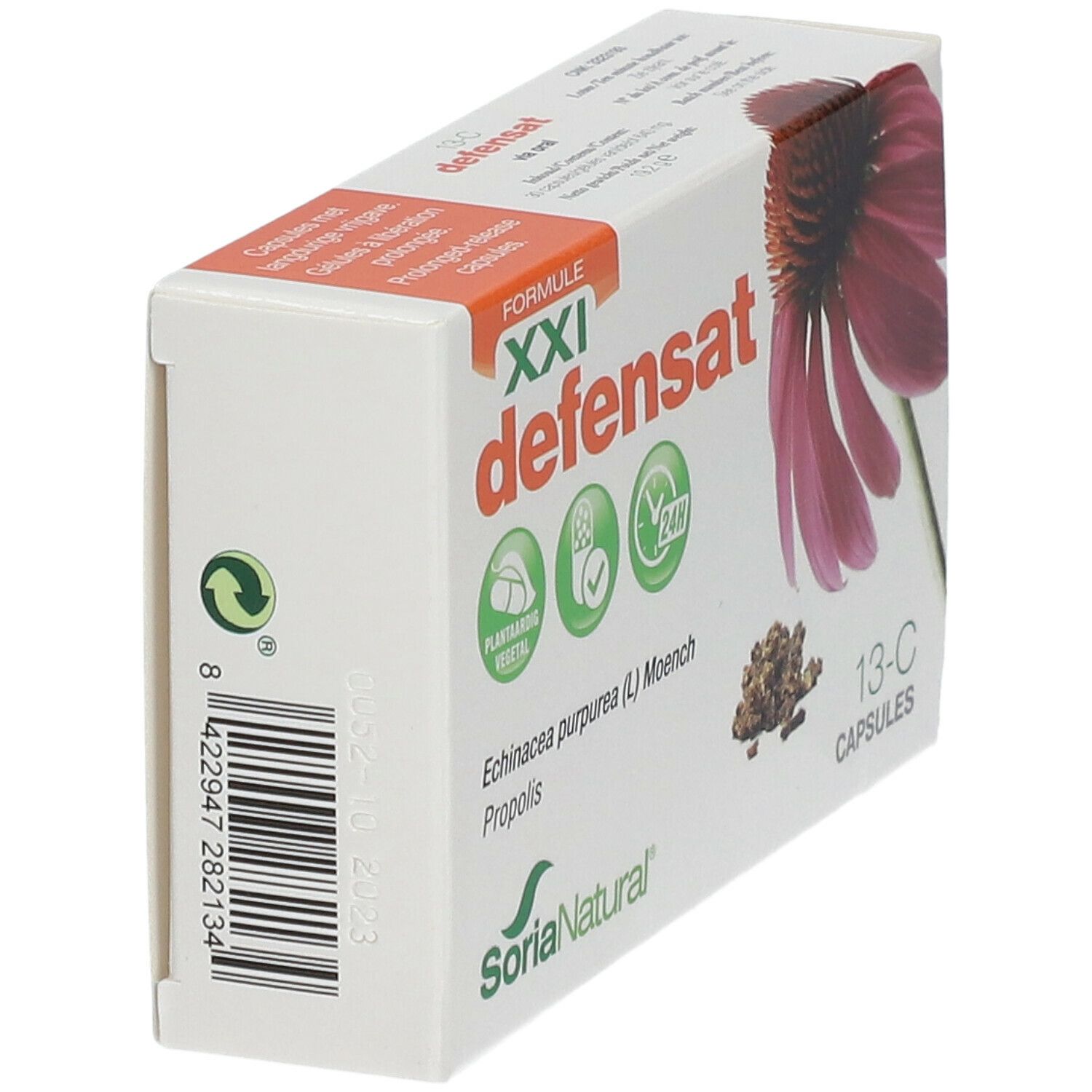Zijaanzicht van de verpakking van Soria Natural 13-C Defensat XXI. Met barcode en productinfo.