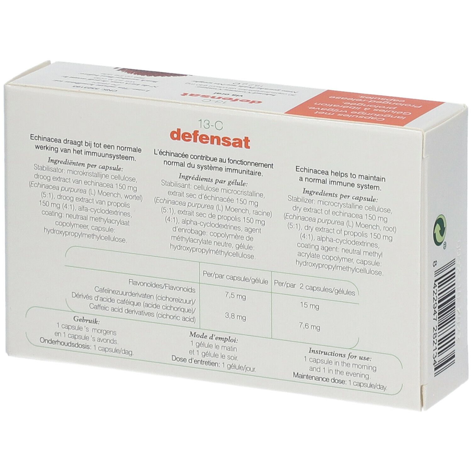 Achterkant van de verpakking van Soria Natural 13-C Defensat XXI. Met ingrediënten en gebruiksaanwijzing.