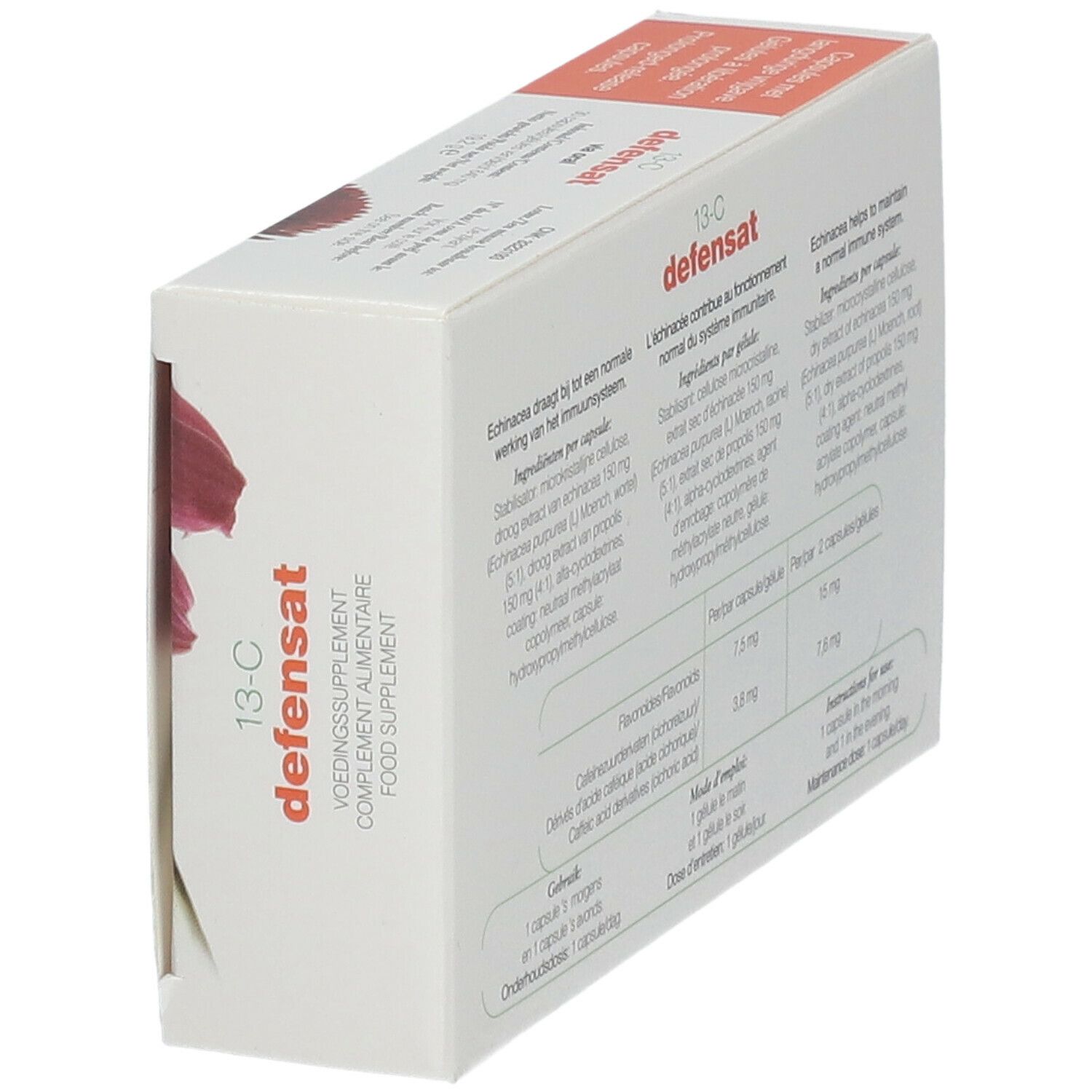 Schuine weergave van de verpakking van Soria Natural 13-C Defensat XXI. Met productinformatie.