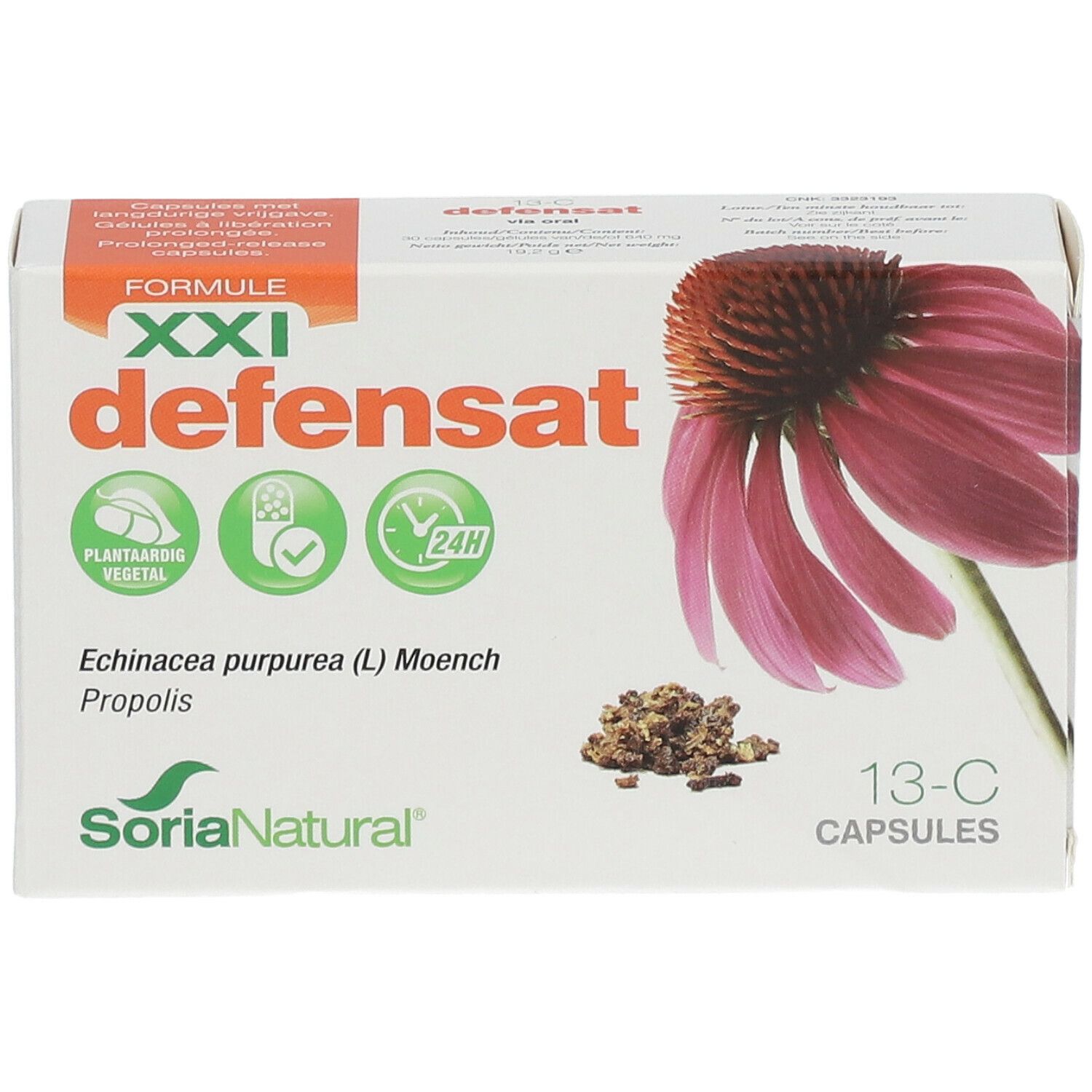 Doosje Soria Natural 13-C Defensat XXI. Bevat capsules. Met afbeeldingen van Echinacea en propolis.