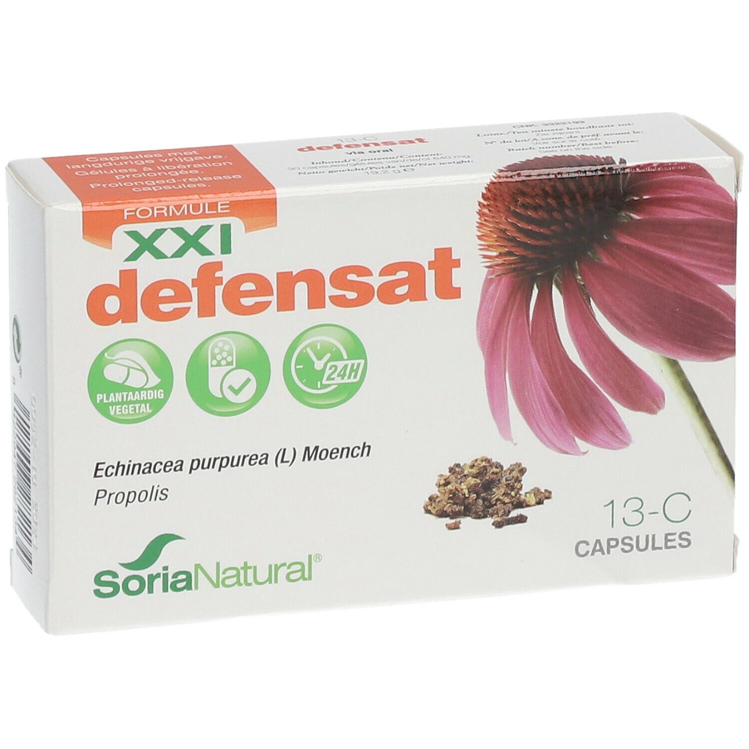 Doosje Soria Natural 13-C Defensat XXI. Bevat capsules. Met afbeeldingen van Echinacea en propolis.