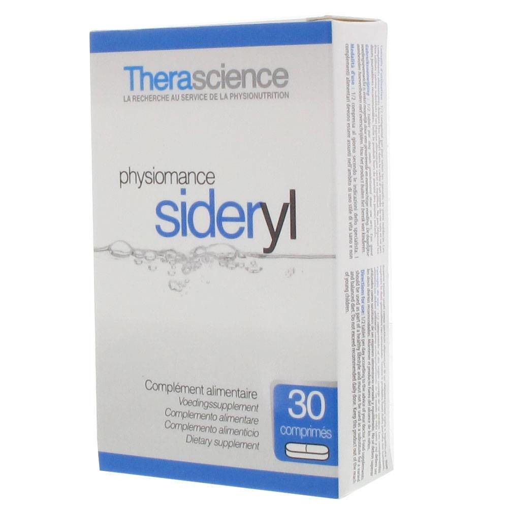 Verpakking van "physiomance sideryl" van Therascience. Bevat 30 tabletten. Meertalige tekst.