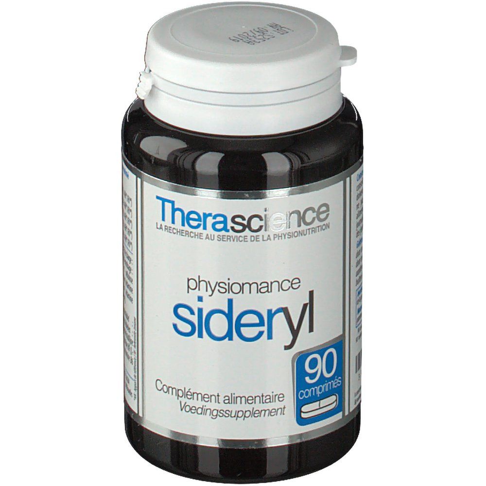 Donkerbruine fles met witte dop. Opschrift: Physiomance Sideryl, 90 tabletten. Merk: Therascience.