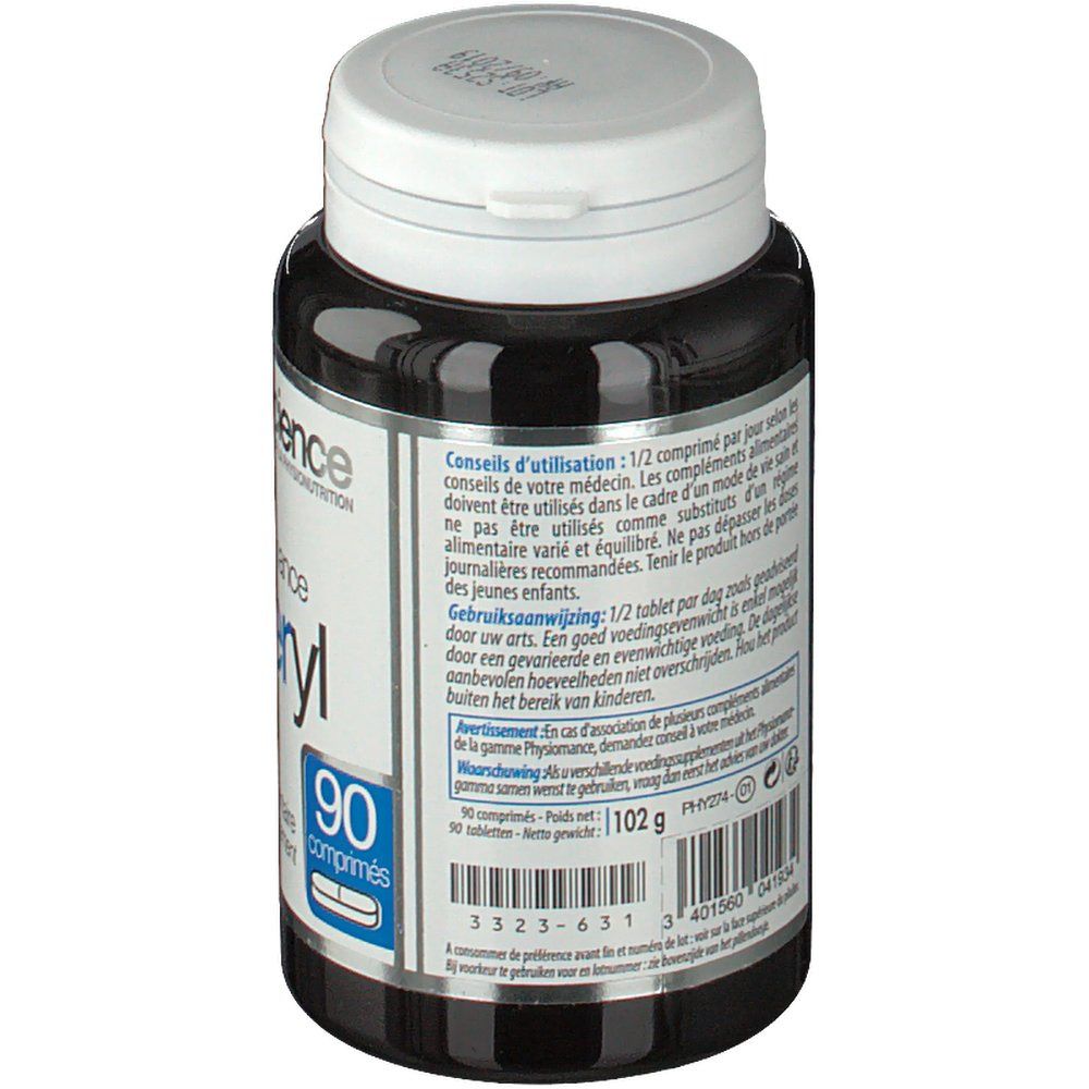Achterkant van de fles. Tekst: gebruiksaanwijzing, voedingsanalyse, ingrediënten. Barcode en gewicht: 102 g.