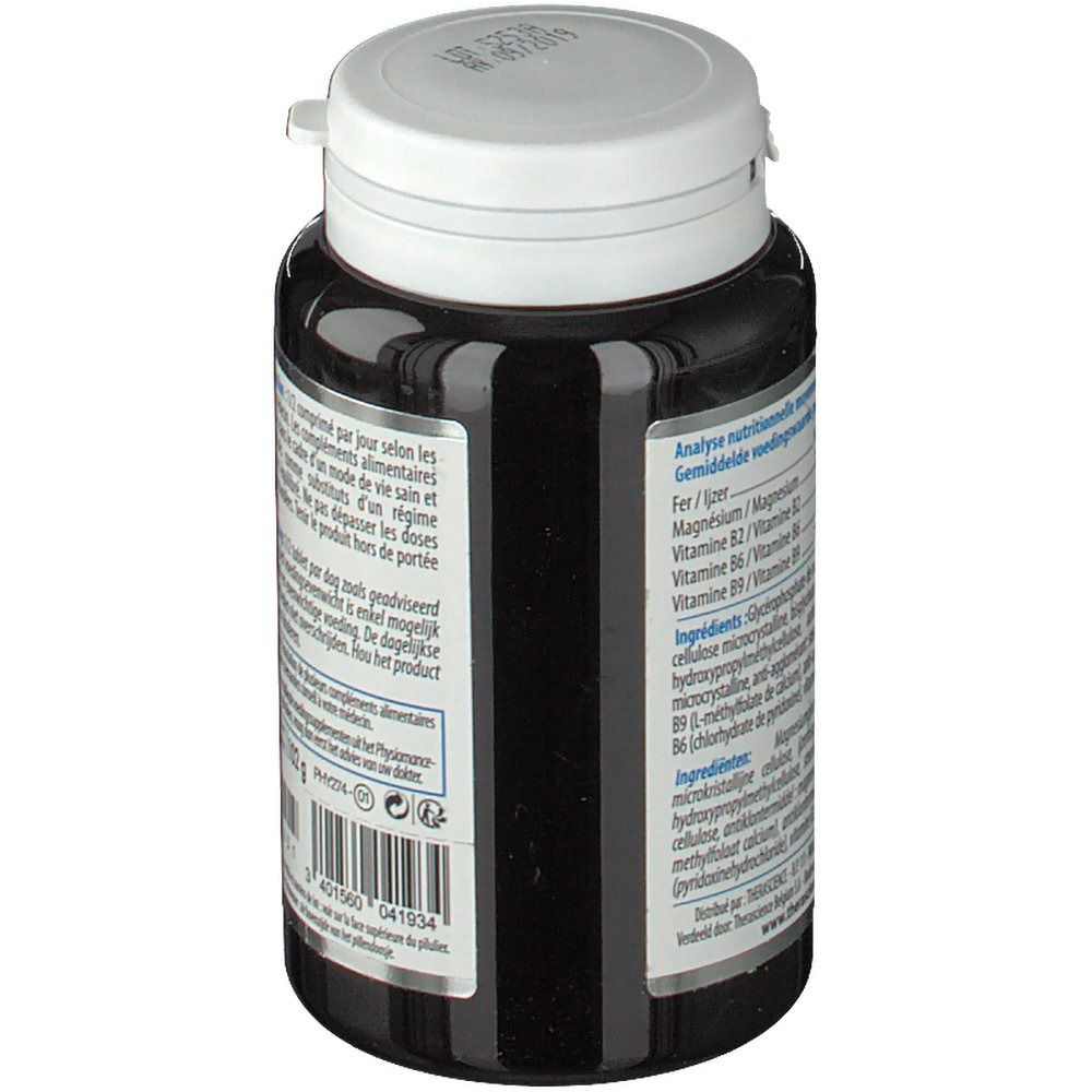 Achterkant van de fles. Tekst: voedingsanalyse, ingrediënten. Barcode en meer informatie.