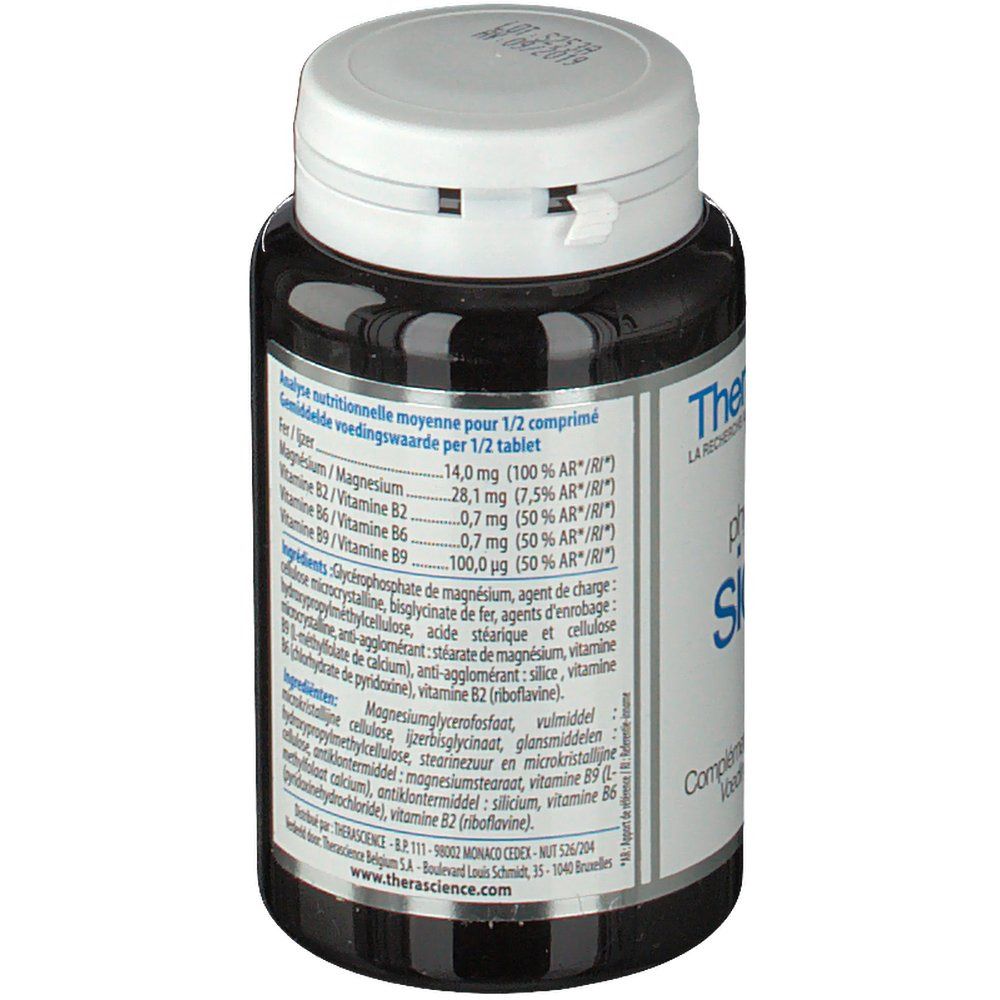 Detail van de achterkant. Tekst: voedingsanalyse per tablet, ingrediënten. Merk: Therascience.