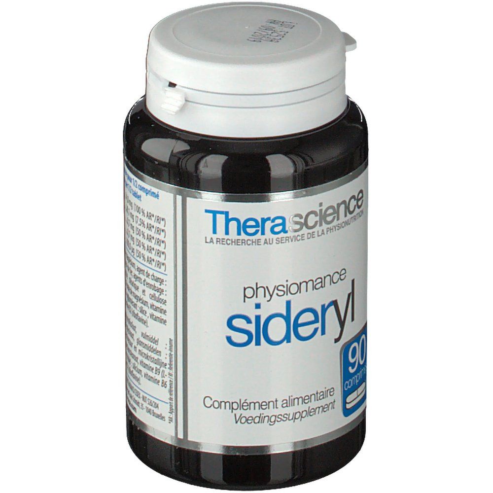 Donkerbruine fles met witte dop. Opschrift: Physiomance Sideryl, 90 tabletten. Merk: Therascience.