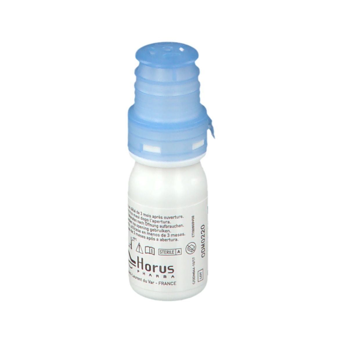 Flacon de gouttes ophtalmiques blanc avec bouchon bleu. Inscription: ODM 5. Texte au dos et logo Horus Pharma.