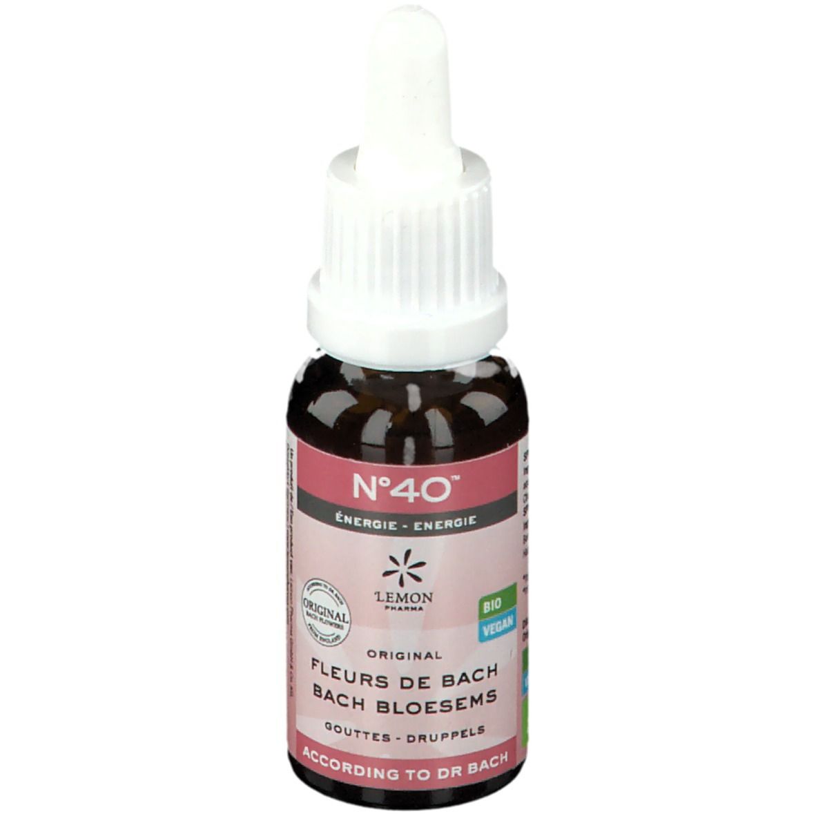 Flacon en verre brun avec bouchon blanc. Étiquette avec texte: N°40, Energie, Lemon Pharma, Fleurs de Bach, Bio, Vegan.