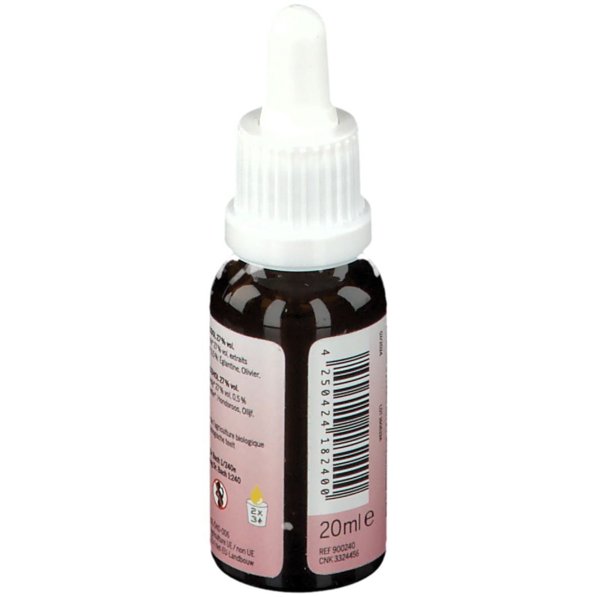 Flacon en verre brun avec bouchon blanc. Étiquette avec code-barres et texte: 20ml.