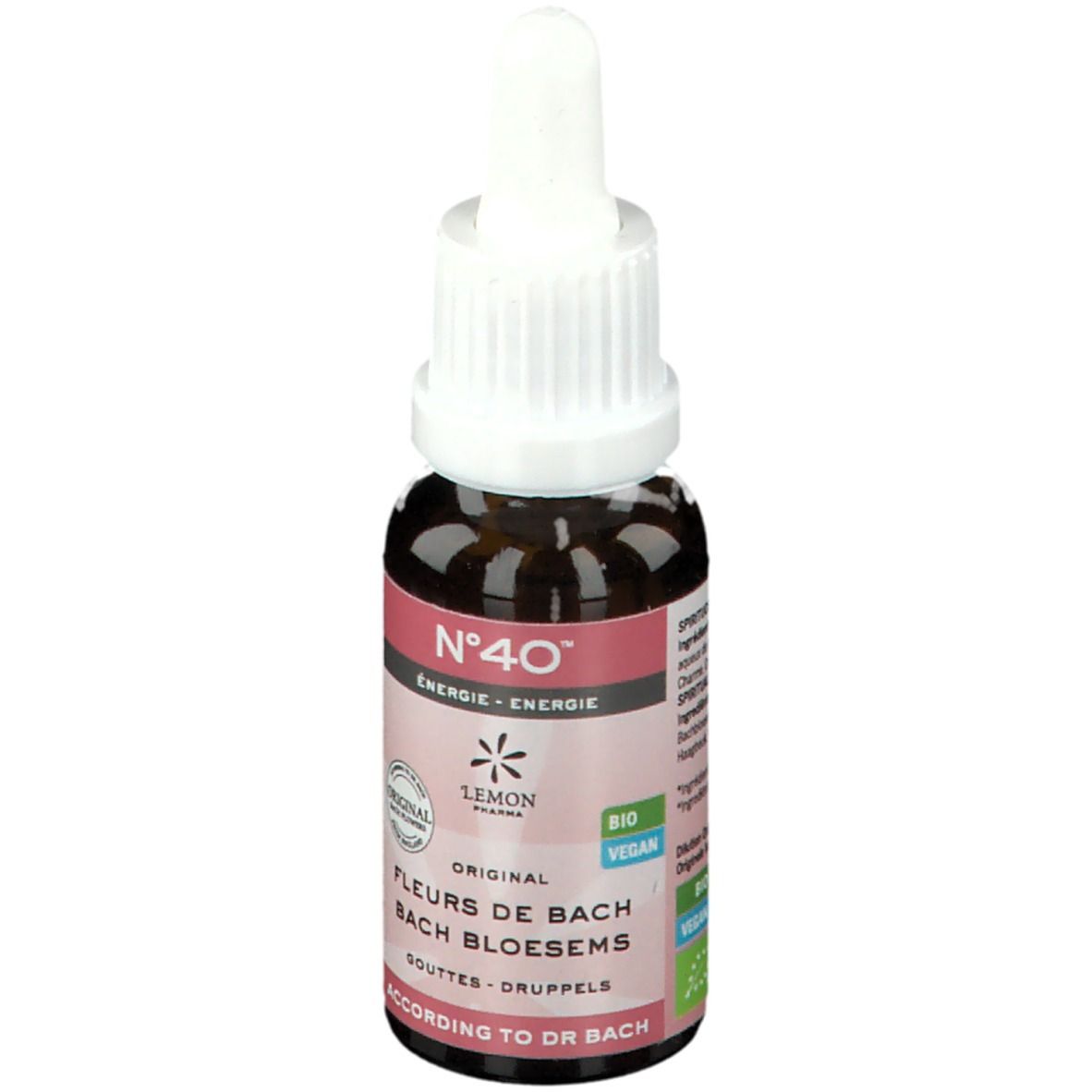 Flacon en verre brun avec bouchon blanc. Étiquette avec texte: N°40, Energie, Lemon Pharma, Fleurs de Bach, Bio, Vegan.